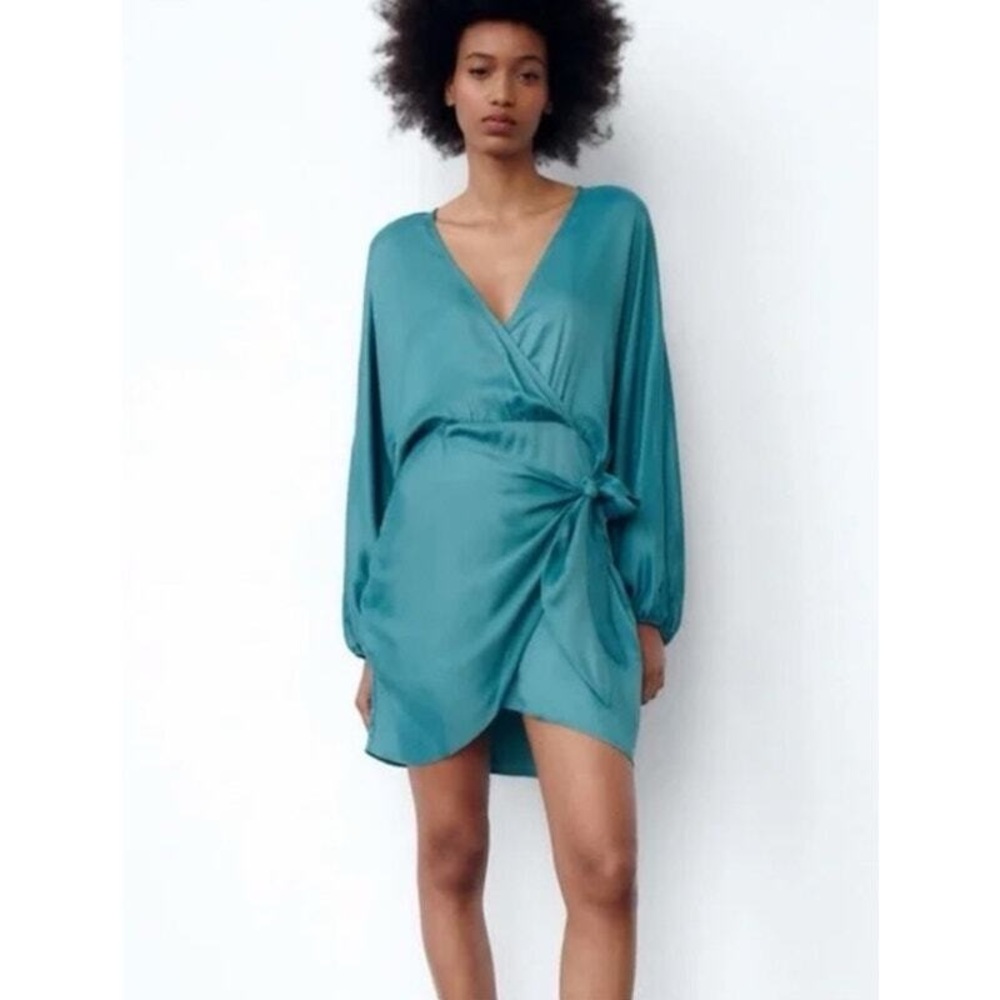 Zara Green Wrap Mini Dress Long Sleeve Tie Waist Size M - Picture 10 of 11